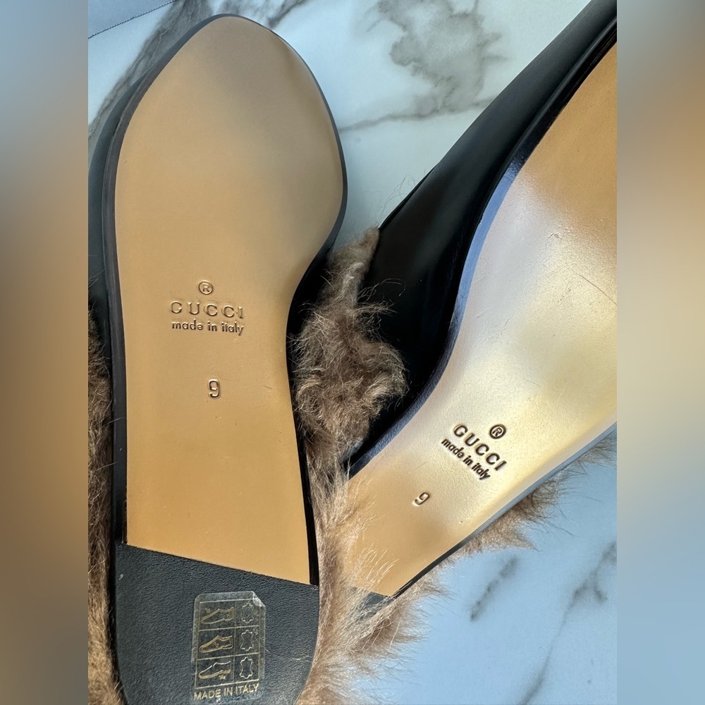 Gucci Princetown Black Leather Fur Loafer Slide Slip On Mule Slipper Flat 9 - Picture 11 of 14